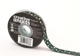 Szatén szalag, 15 mm x 22 m, sötétzöld vegyes pöttyökkel